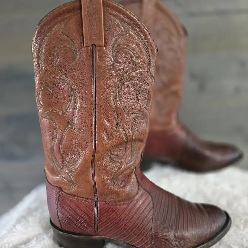 Vintage Tony Lama Brown Stitched Teju Lizard Leather Western Boots MENS SIZE 9